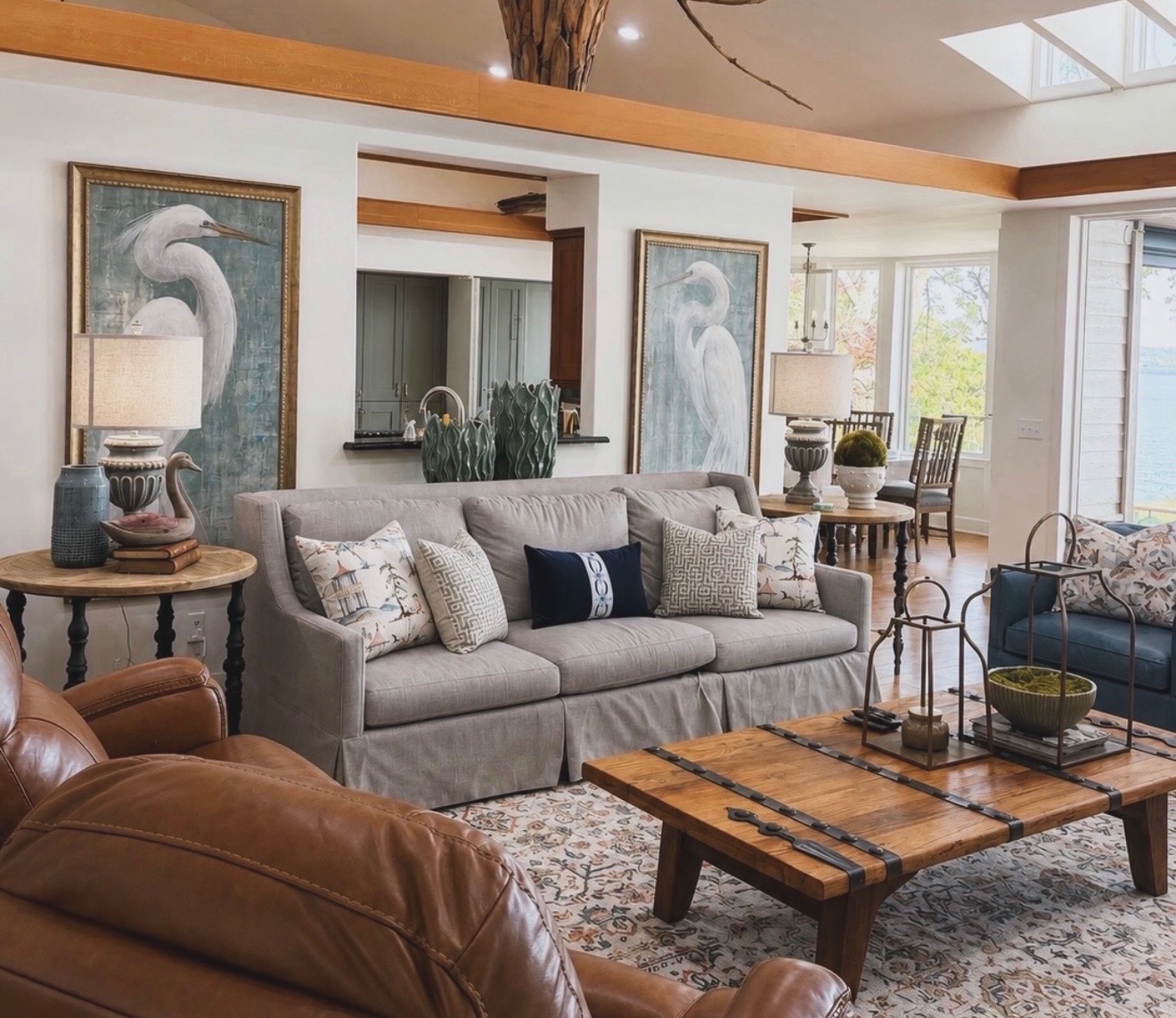 Coastal living room with heron artwork